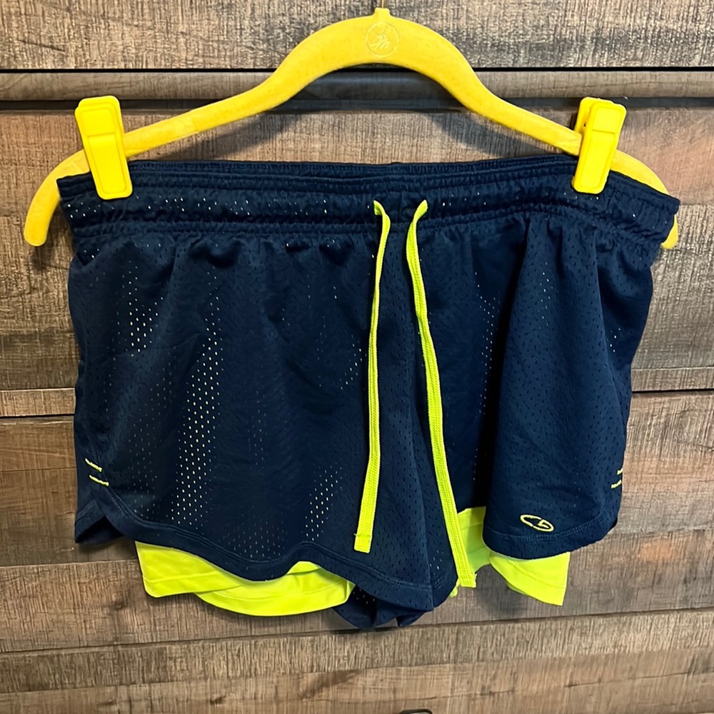 Navy Blue Athletic Shorts with Lime Green Compression Lining, size L